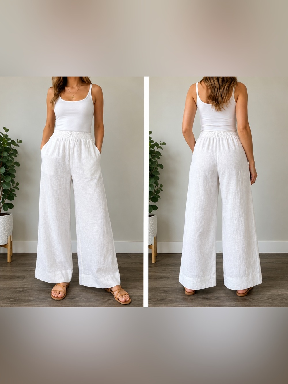 Land ‘n Sea White Washable Linen Blend Wide-Leg Casual Pants W/Elastic Waist NWT